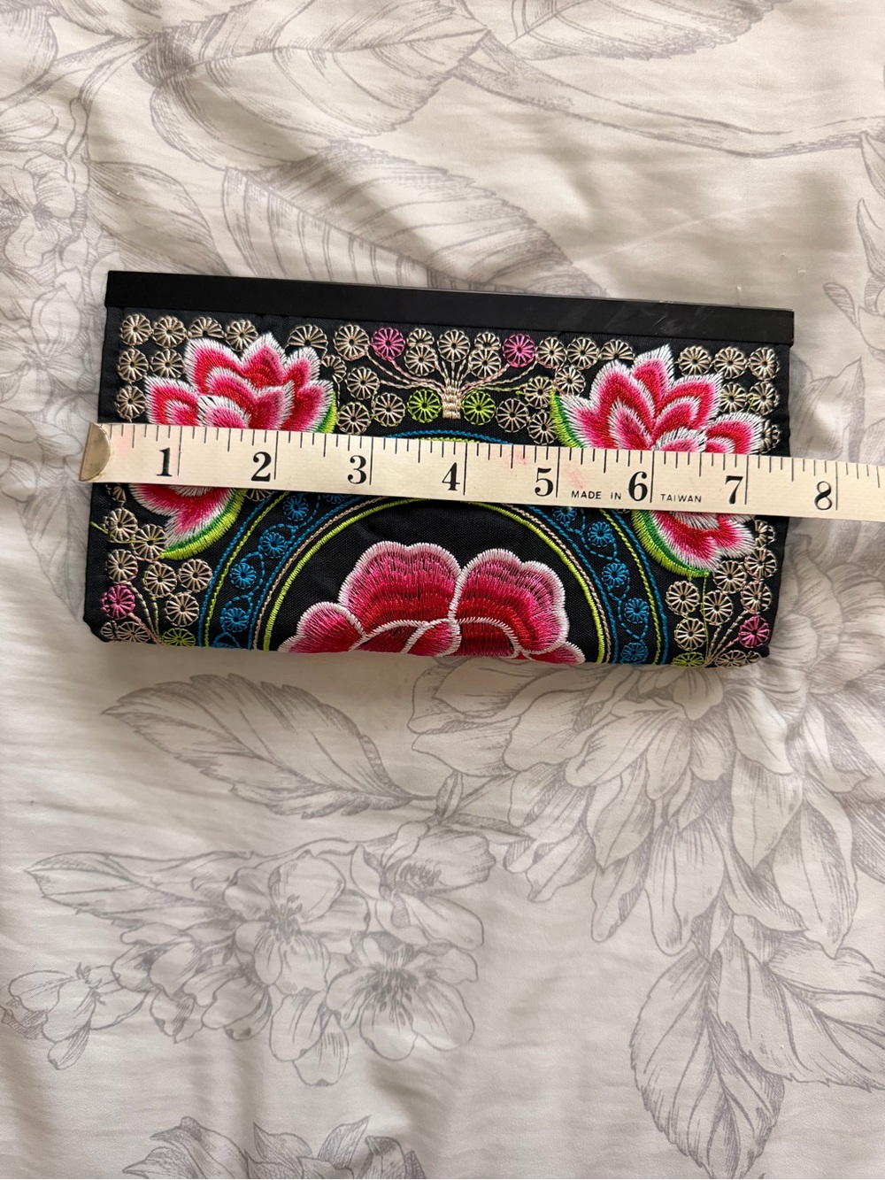 Embroidered Floral Clutch Bag in Black and Pink - Picture 6 of 8